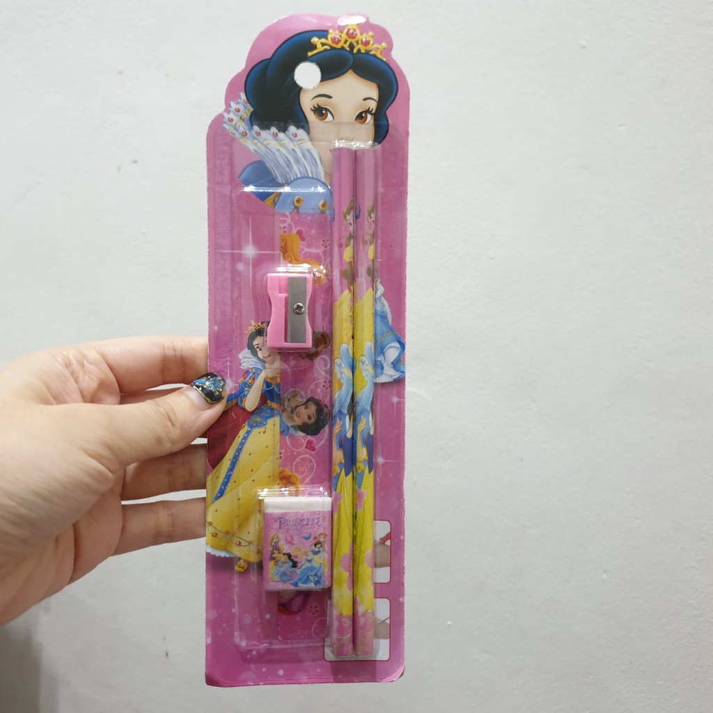 4in1 Set Alat Tulis Pensil + Pengahapus + Rautan  + Penggaris Motif karakter anak Frozen Cars Hellokity Princess Doraemon Mickey Winnie the poohUnicorn Set KADO Sovenir ultah sovenir lebaran kado anak lucu anak sekolah alat tulis anak