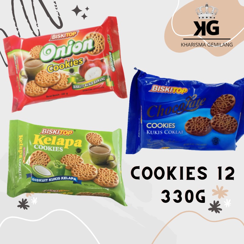 

BISKITOP - COOKIES 12 300g Biskuit Kue Kering Anak Dewasa Enak Renyah Biscuit Rasa Bawang Kelapa