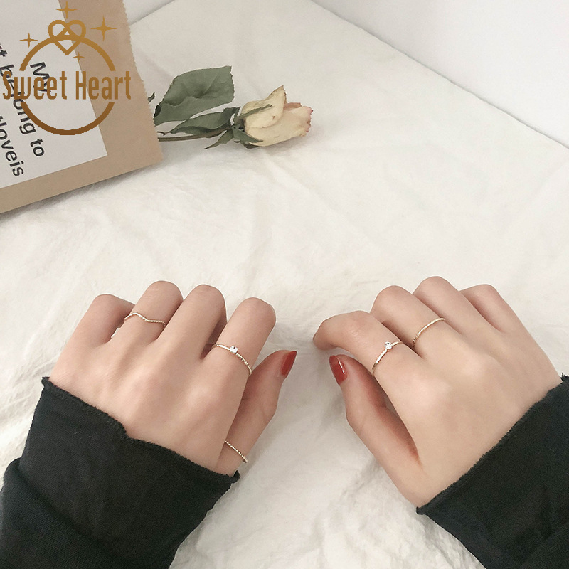 5pcs / Set Cincin Jari Telunjuk Desain Gelombang Hias Berlian Untuk Wanita