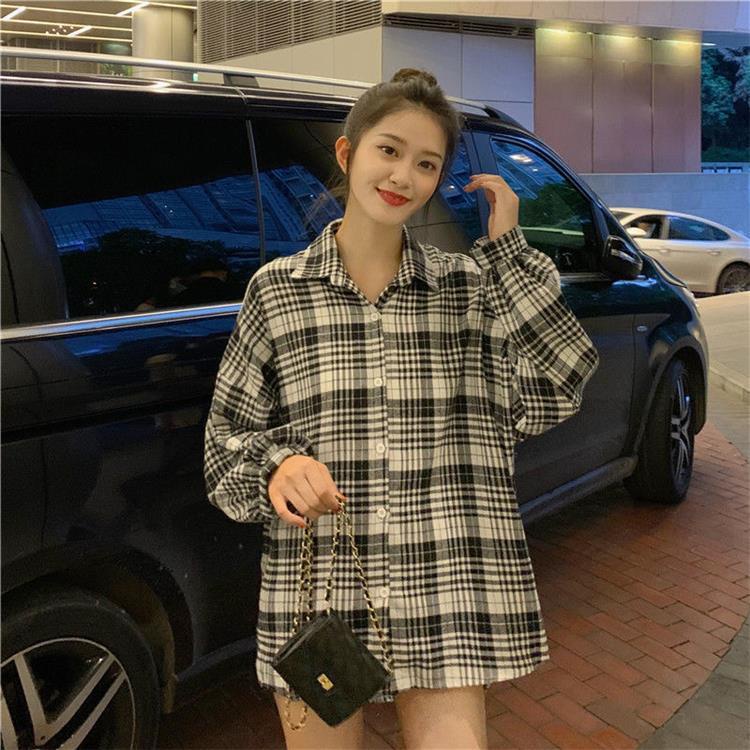 [5 Warna]Korea Style Fashion Kemeja Kuning Panjang Kasual Atasan Baju Jumbo Wanita Plaid Blouse Shirt