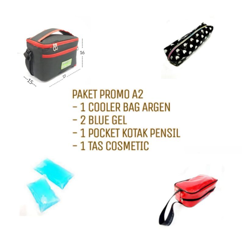 PROMO PAKET A2 , COOLER BAG ARGEN + 2 BLUE GEL + 1 TEMPAT PENSIL + 1 TAS COSMETIC