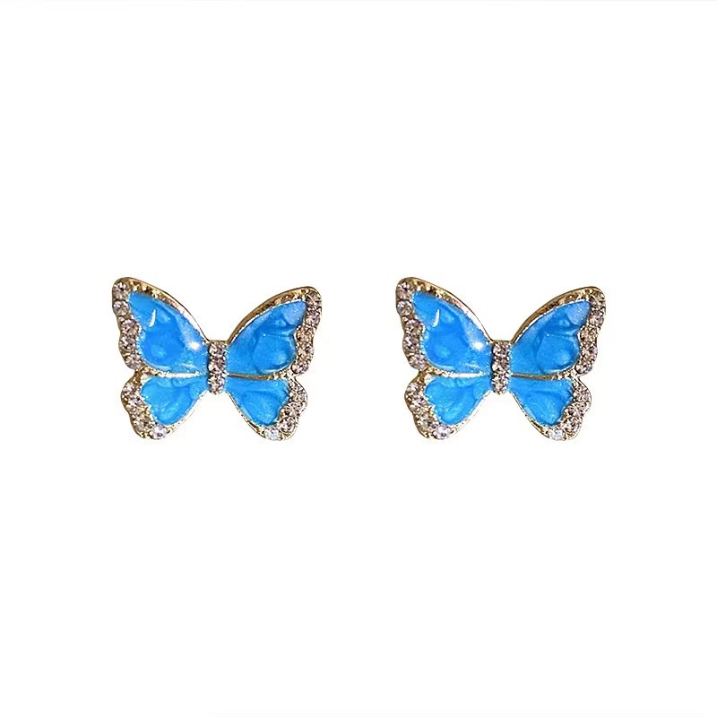 Anting Tusuk Silver Desain Kupukupu Biru Hias Zircon Gaya Korea Untuk Wanita Butterfly