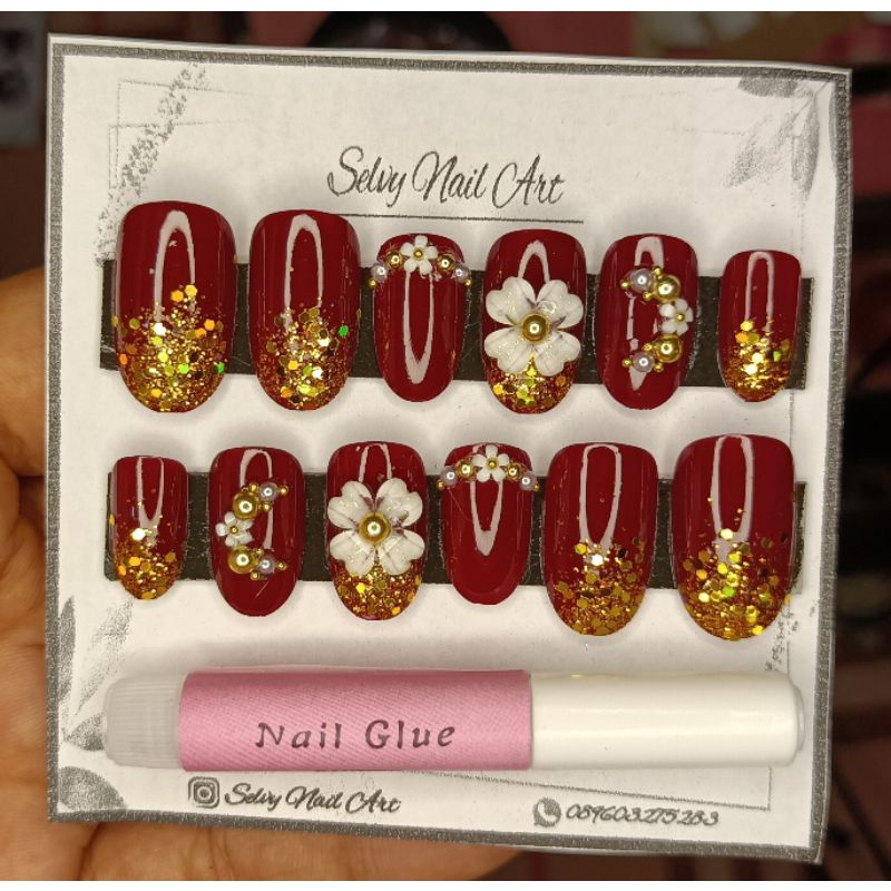 Kuku palsu wedding simple maroon gold / kupal wedding/ fake nails / nail art