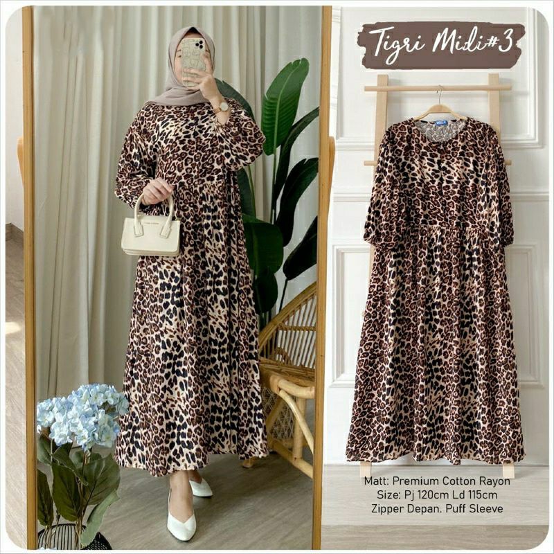 TIGRI MIDI DRESS #3 / MIDI DRESS RAYON PREMIUM / MIDI DRESS JUMBO / MIDI DRESS MOTIF LEOPARD / GAMIS