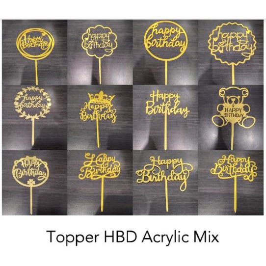 Topper Acrylic HBD Emas // Motif Random //Topper Mix /Hiasan Kue /Cake Topper