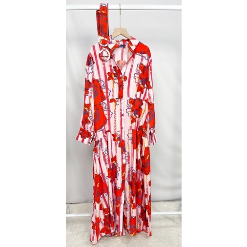 MDLV ~ 05510# Florentina Striped Maxi Dress Red Flower Dress Fashion Import