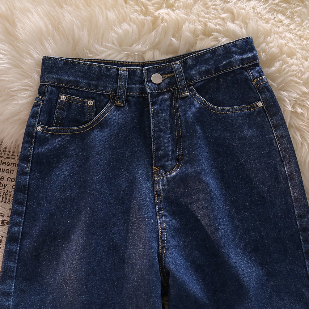 Warna Biru LOVE Highwaist Loose Kasual Celana Jeans Panjang Wanita