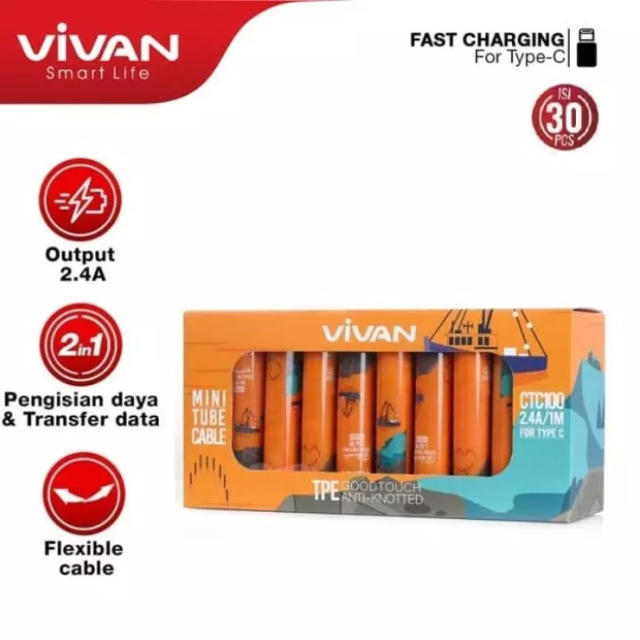 Vivan CTC100 CTC-100 CTC 100 Cable cabel kabel 1M Flat TYPE-C Mini Tube Data Cable Colorful android