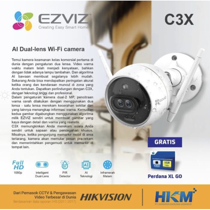 WIRELESS IP CAMERA EZVIZ C3X DUAL LENS AL COLOR NIGHT 1080p grs resm