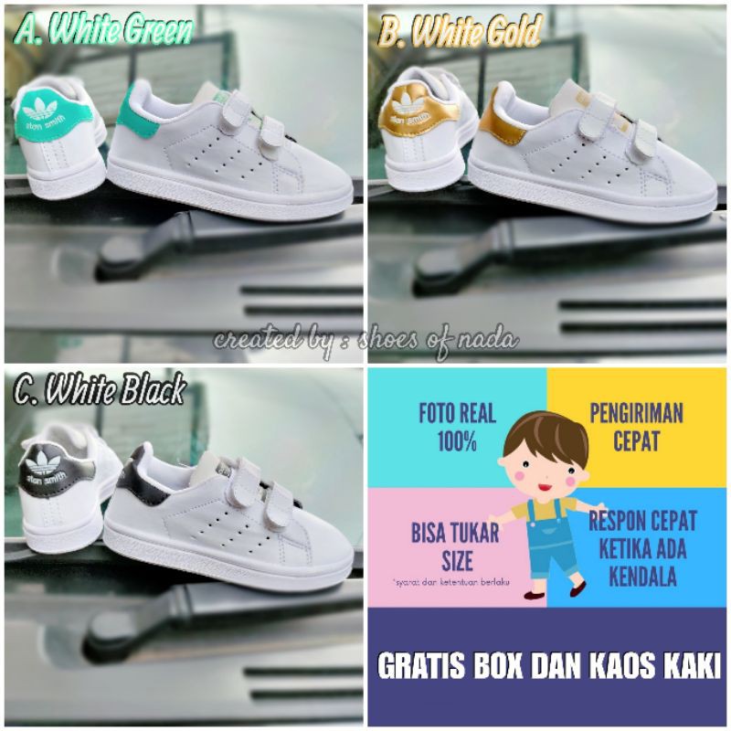 Sepatu Anak Adidas Stan Smith | Sepatu Anak Laki Laki Perempuan Putih Perekat Grade Original