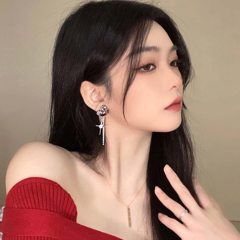 Mxbeauty Cinta Hati Anting Kepribadian Elegan Wanita Hadiah Lava Merah Berlian Imitasi Salib Menjuntai Anting-Anting