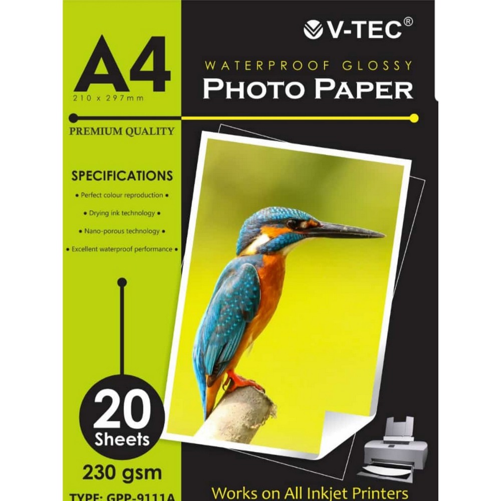 Kertas Photo A4 - Photopaper - V-Tec Waterproof Glossy Paper 230 Gsm - GPP