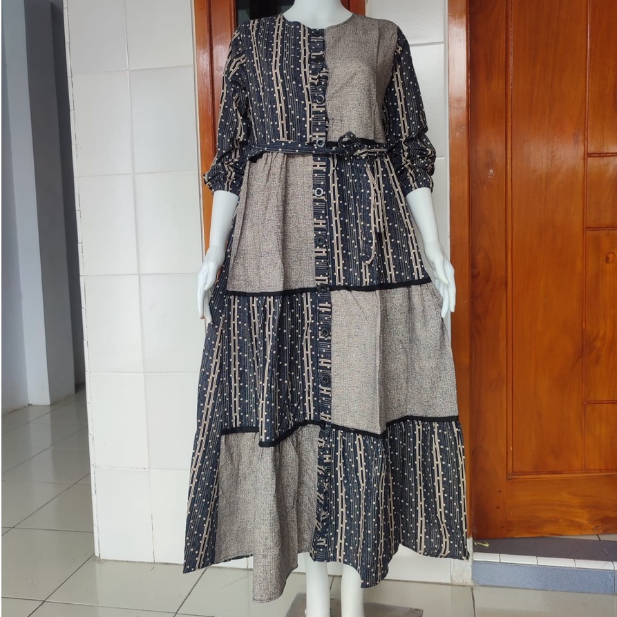 gamis maxi katun linen kancing hidup / maxi dress susun linen