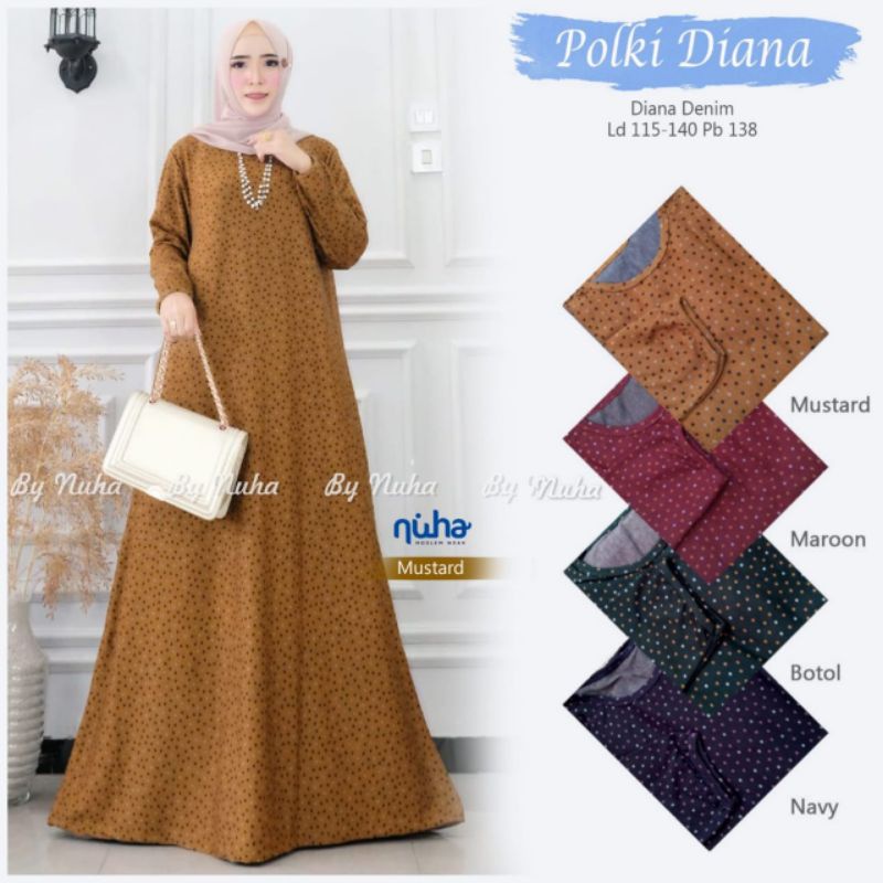 Gamis diana denim jumbo wanita polki diana dress maxy LD 120 Bahan diana denim tebal super melar