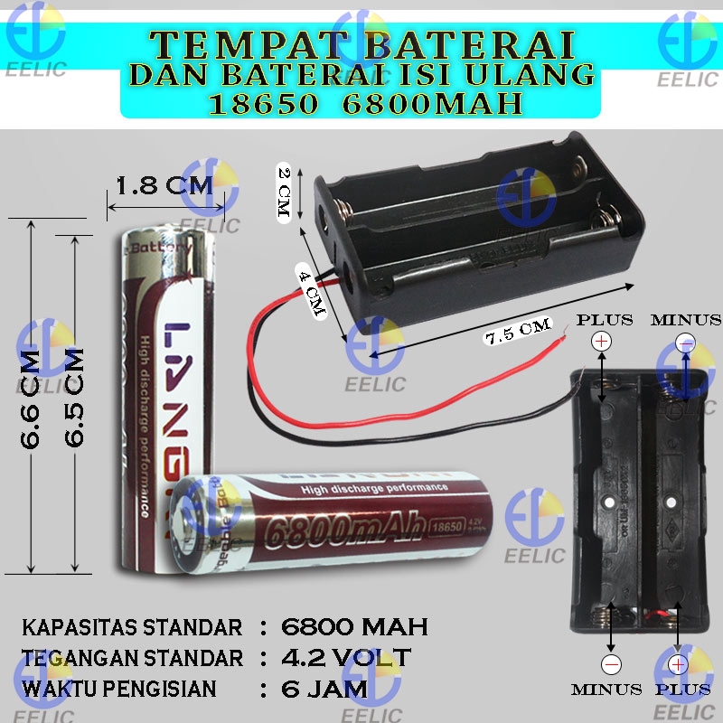 EELIC TEB-18650 -MIX TEMPAT BATERAI 18650 3.7V 2 SLOT HOLDER BATERAI + 2 PCS BATERAI 18650 6800 mAh