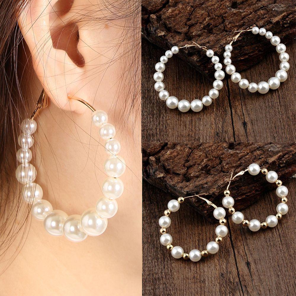 Preva Pearl Hoop Earrings Pesta Lingkaran Besar Fashion Bentuk Bulat