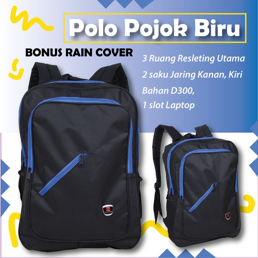 PROMO CUCI GUDANG Ransel Gendong Pria Polo Hitam List Biru Tas Cowok SMP SMA Tebal Keren Berkualitas