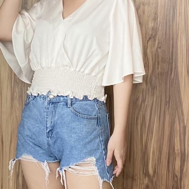 ➵ Jisoo Top - Atasan Blouse Baju Crop Top V Neck Lengan Terompet Pinggang Karet Bahan Katun Wanita ♗