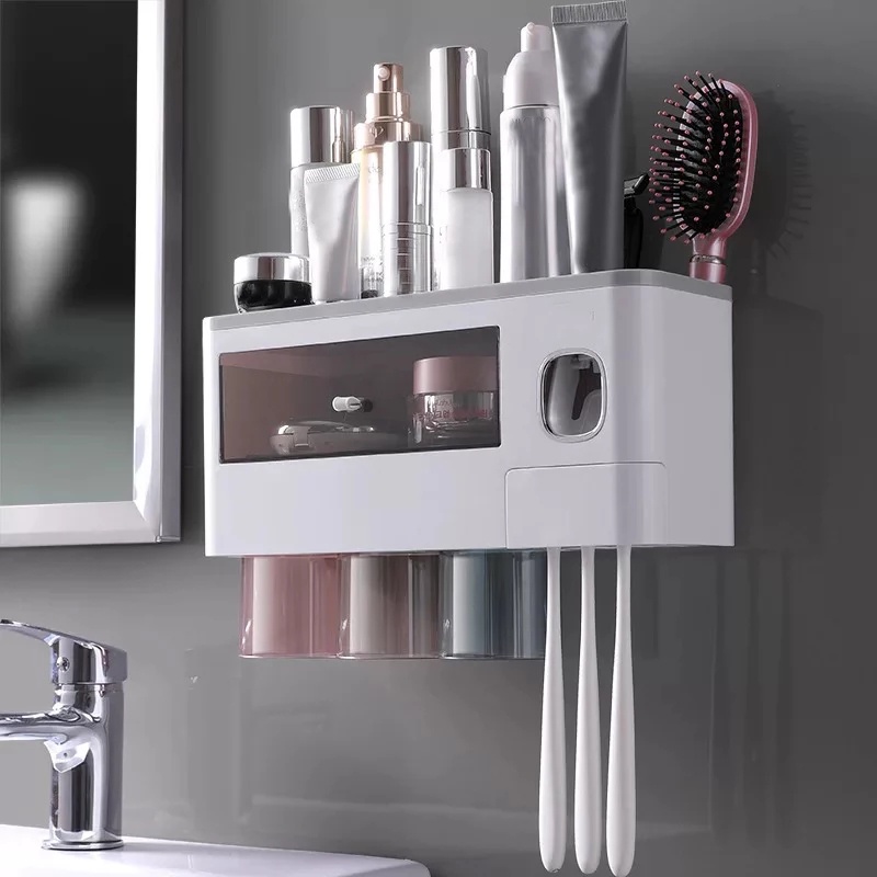 Wall Storage For Toothbrush / Rak Dispenser Odol / Tempat Sikat Botol Sabun Dilengkapi 3 Gelas - Black