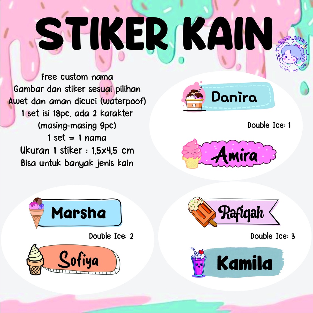 Stiker nama kain baju custom label sablon setrika perempuan bt21 ice cream laki laki pria