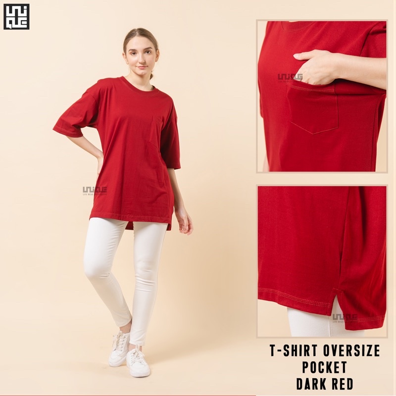 UNIQUE - (Pocket Series) Kaos Polos Oversize Pocket Cotton Combed 24s Pria & Wanita Tshirt Oversized Korea Croptop Hypbeast-Dark Red