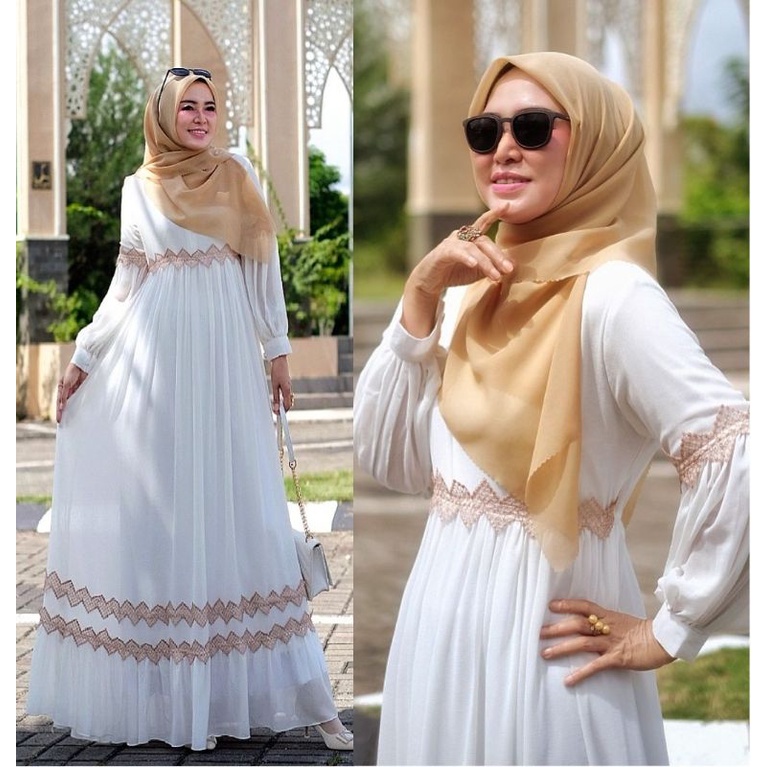 Belamara Makiza Maxi Long Dress Gamis  Bahan Sifon Ceruty Babydoll Full Furing Mix Renda Lengan Bawa