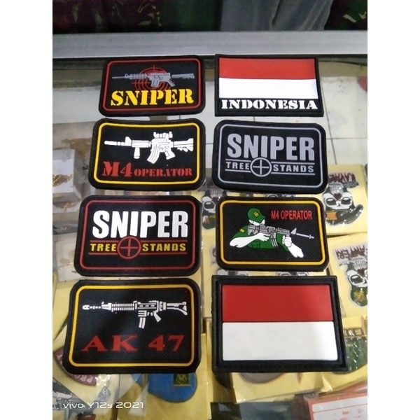 PATCH RUBBER LOGO SNIPER SENJATA TACTICAL/TEMPELAN KARET EMBLEM PEREKAT VELCRO/M4/GLOCK/AK-47