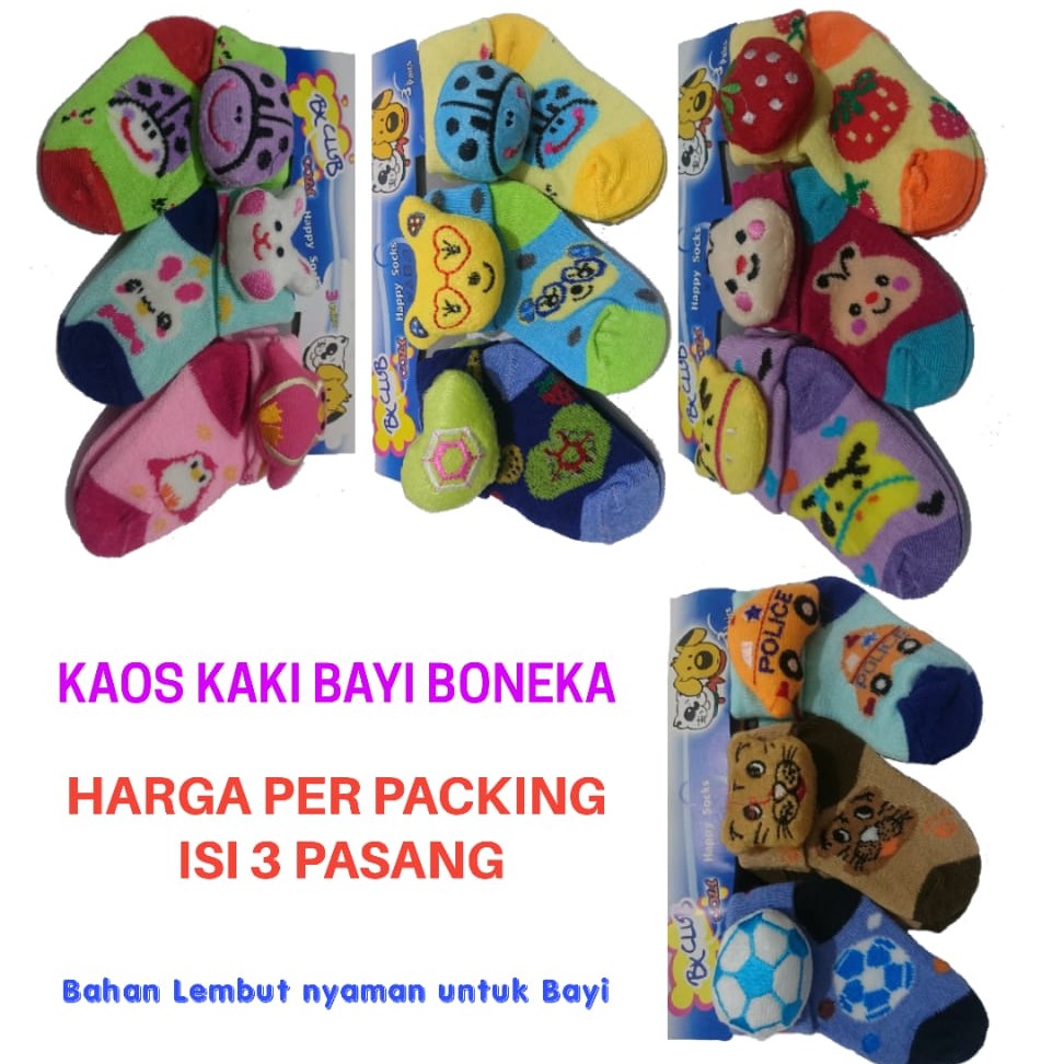 (3 PASANG) KAOS KAKI BAYI BONEKA USIA 0-9 BULAN