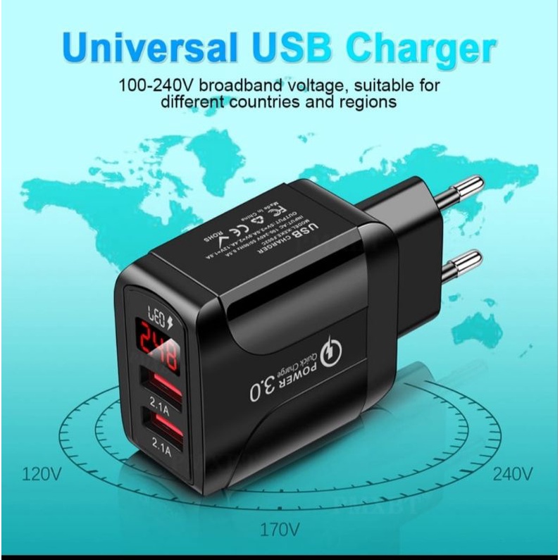 Usb Charger LED Display EU Plug 2.1A Smart Charger Untuk Semua Hp