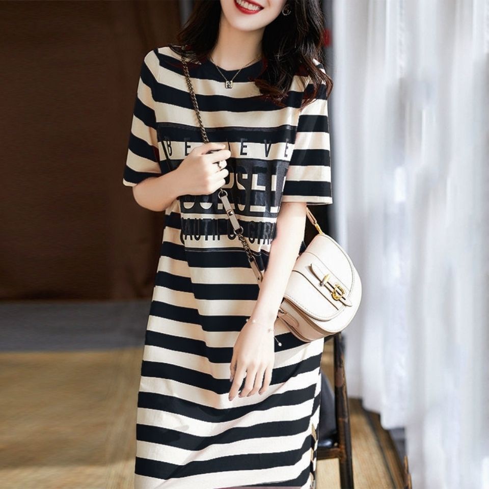 #Sisjuly# Dress Kaos Sablon Wanita Garis-Garis Dress Wanita Lengan Pendek Lengan Pendek Atasan Belah