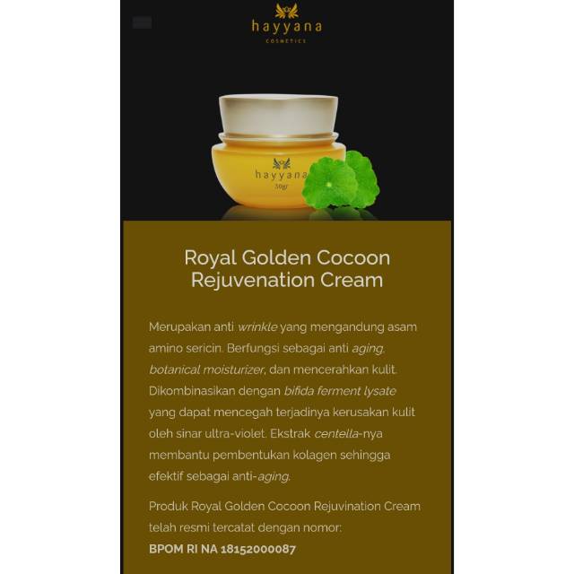 ROYAL GOLDEN COCOON REJUVENATION CREAM HAYYANA/HAYYANA SKINCARE/SKINCARE HAYYANA/CREAM REJUV HAYYANA