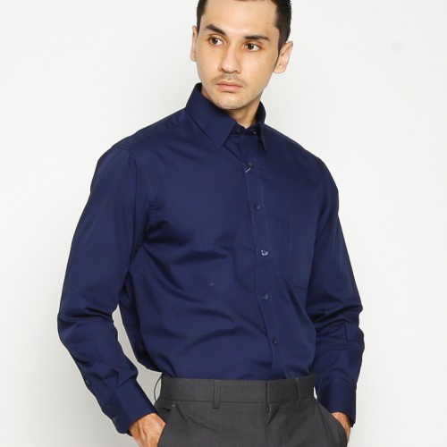 Lesta Langgeng Kemeja Formal Pria Standard Bahan Kain Katun Warna Navy Polos Lengan Panjang