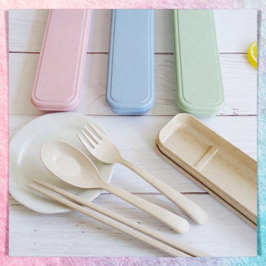 1 Set Alat Makan Sendok Garpu Sumpit + Box Plastik Jerami | Wheat Straw Portable Travel Cutlery