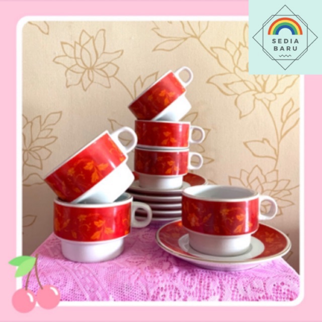 Cangkir kopi set 12 pcs sango merah motif