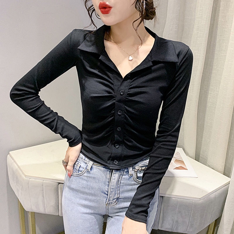 French retro bottoming shirt wanita 2021 baru slim fit temperamen pendek kerah Polo rajutan atas musim semi dan musim gugur