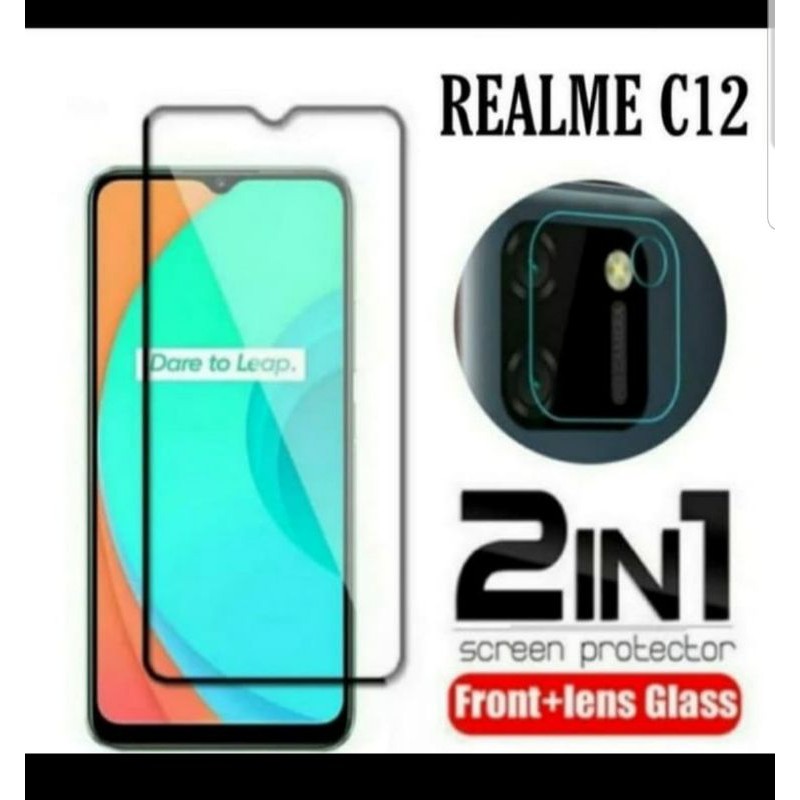 TEMPERED GLASS 9D REALME C12 NEW + TG CAMERA LENSA 2 IN 1