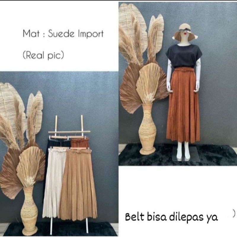 FW R450 Rok Plisket Suede Panjang Belt Import | Rok Plisket Suede Panjang Import | Suede Pleated Maxi