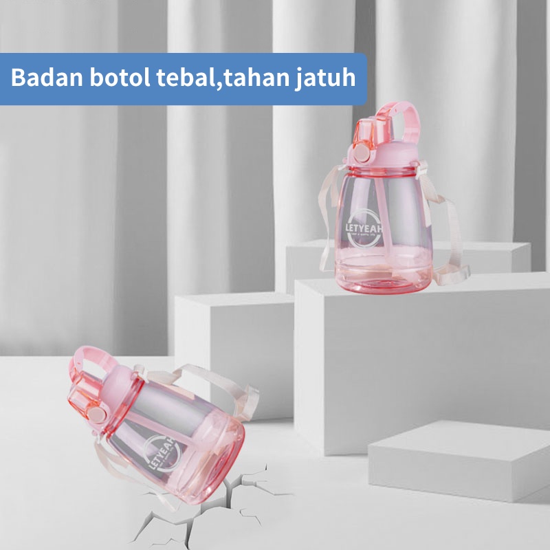 Letyeah &amp; Anantagt Botol minum anak dengan sedotan tali kapasitas besar transparan 1300ml free stiker