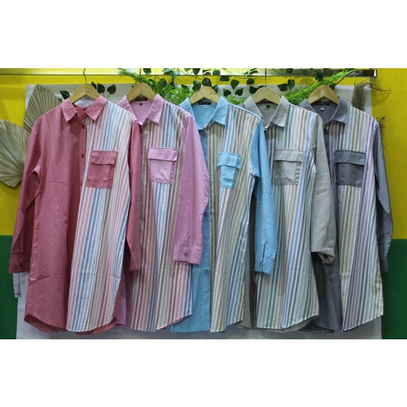 Long Tunik Garis || Kemeja Wanita Panjang Garis || Bahan Katun