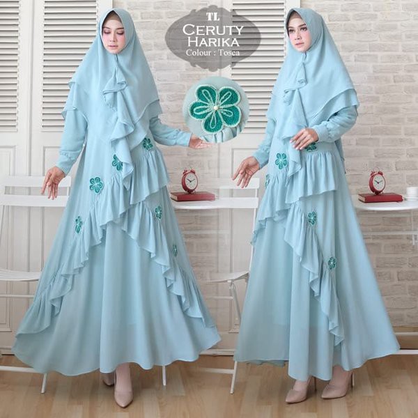 Baju Muslim Wanita Syari Ceruty Harika Tosca TL - Gamis Wanita Ceruty Babydoll Hijau Tosca