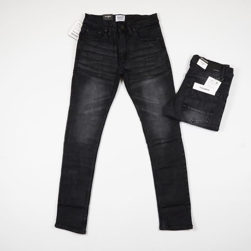 CELANA JEANS PRIA PULL&amp;BEAR BLACK WASHED SKINNY STRETCH PULLANDBEAR PULL &amp; BEAR PULL P&amp;B HITAM FEDDING