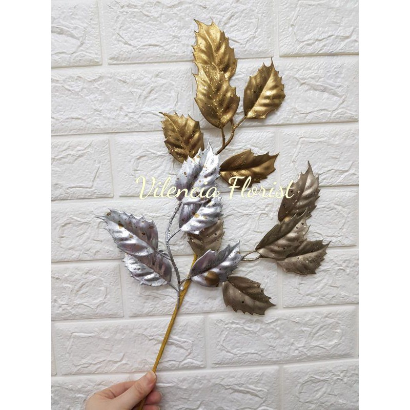 ORNAMEN DEKORASI NATAL PESTA/ARTIFICIAL METALLIC SILVER GOLD LEAF FICUS