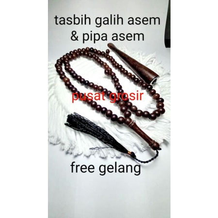 Paket tasbih &amp; pipa galih asem tasbih asem asli tasbih kayu galih asem free pipa galih asem 12cm CLW