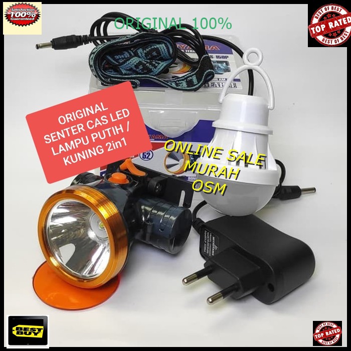 original senter  kepala pala cas casan baterai  putih led sinar kuning cahaya terang lampu lamp