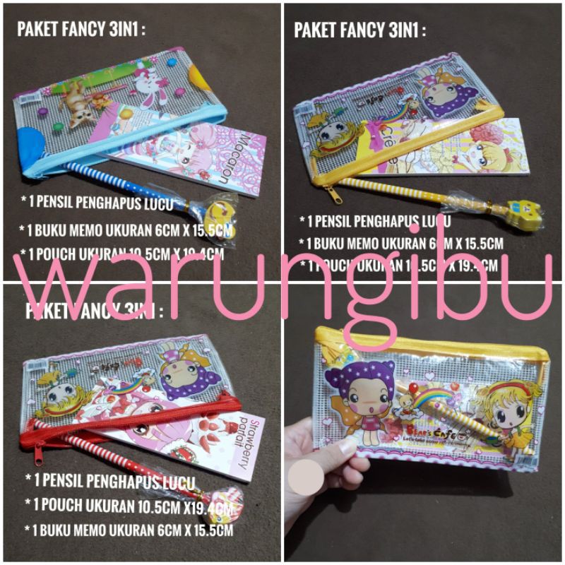 

Paket Alat Tulis Fancy 3in1 Pouch Buku Memo Pensil Penghapus Motif Lucu
