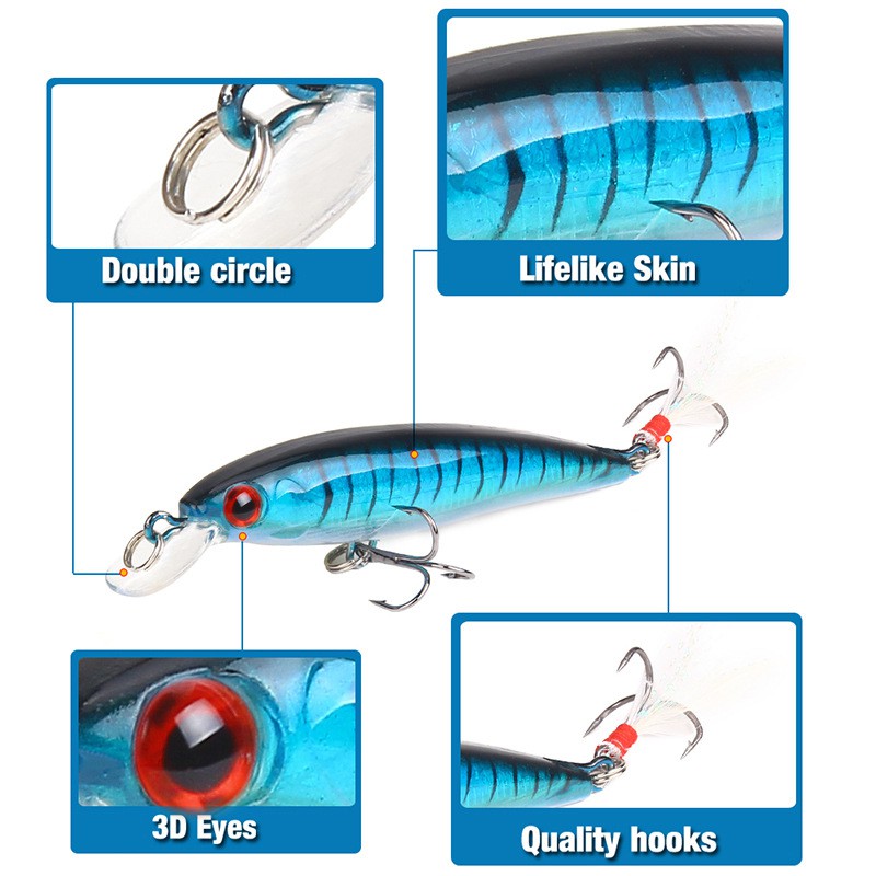 1pcs Umpan Pancing Ikan Minnow Apung 9cm 7g Dengan Kail Bulu Fishing Lure Bass Wobbler Floating Bait