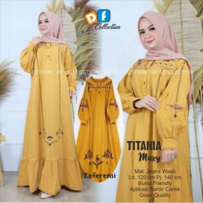 Titania Maxy ORI by Df Collection / baju wanita dress  jumbo jeans wash busui ld 120 aplikasi bordir