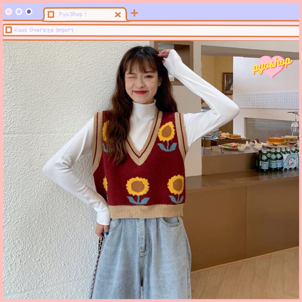 SUNNY KNIT VEST Rajut Bunga Matahari Lembut Wanita Outer