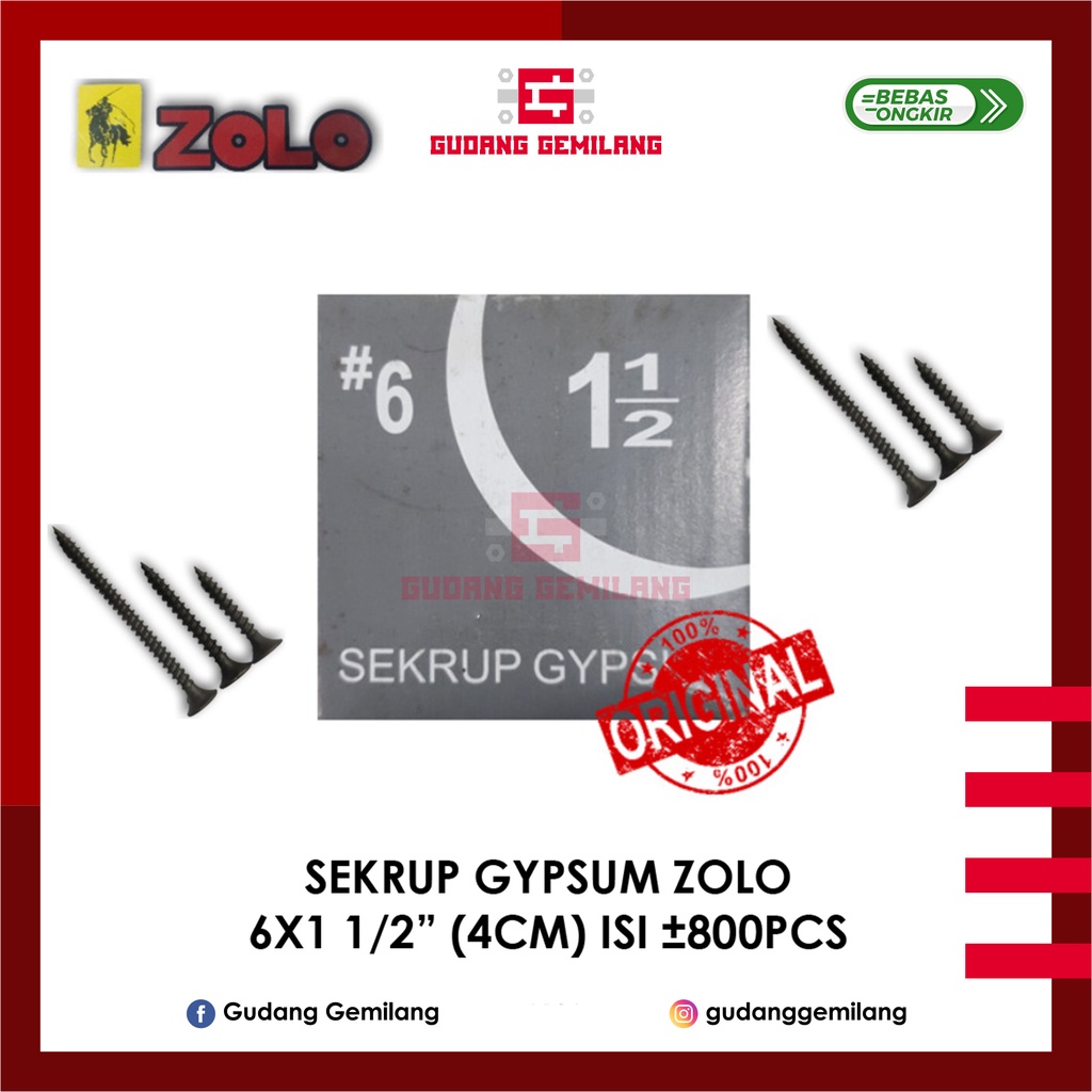 Skrup Sekrup Gypsum Gipsum 6x1 1/2" Inch 4cm ZOLO/SHINZOLO Hitam 1 Dus