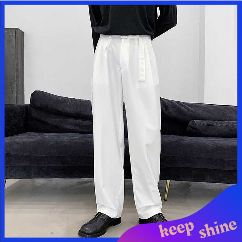 Celana Import Pria Original Fashion Men's Wide Leg Pants High Waist Sashes Solid Baggy Trousers Non-